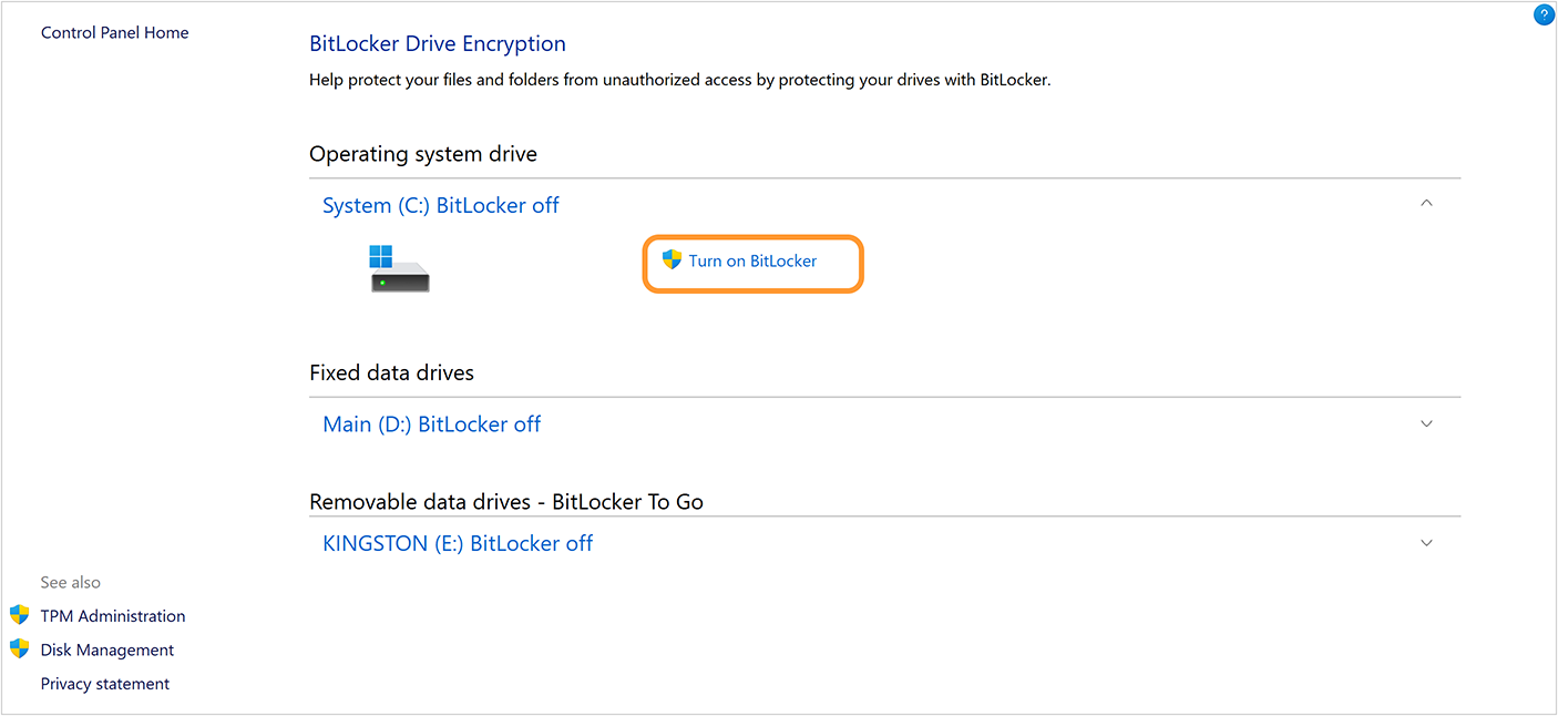 在 Windows 11 上启用 BitLocker 的屏幕截图