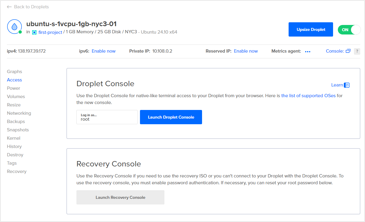 DigitalOcean Droplet 启动控制台设置截图