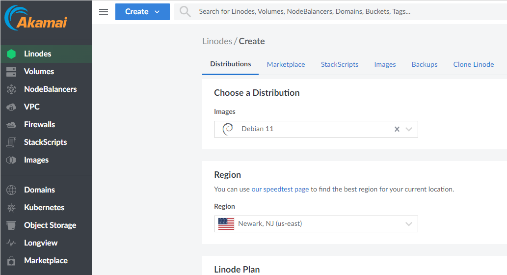 Linode creation settings example