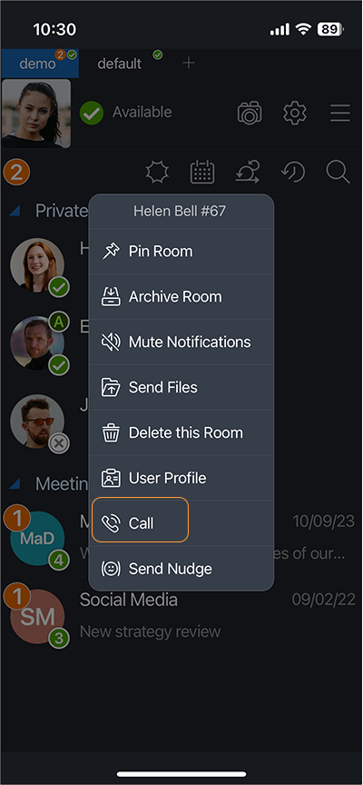 Selecting a user to make a call Selecting a user to make a call